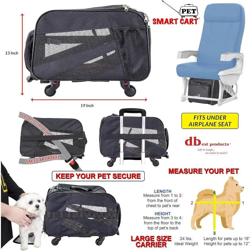 Pet Carrier with Wheels Collapsible Travel Bag for Dogs Cats Airline Approved Soft Sided Rolling Cart Removable Bedding