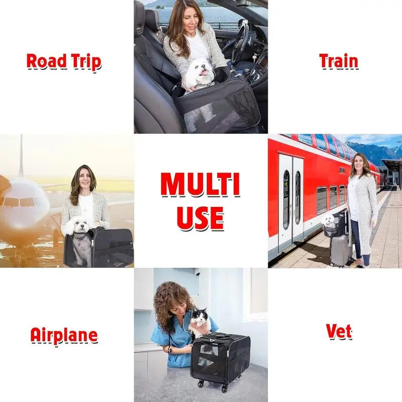 Pet Carrier with Wheels Collapsible Travel Bag for Dogs Cats Airline Approved Soft Sided Rolling Cart Removable Bedding